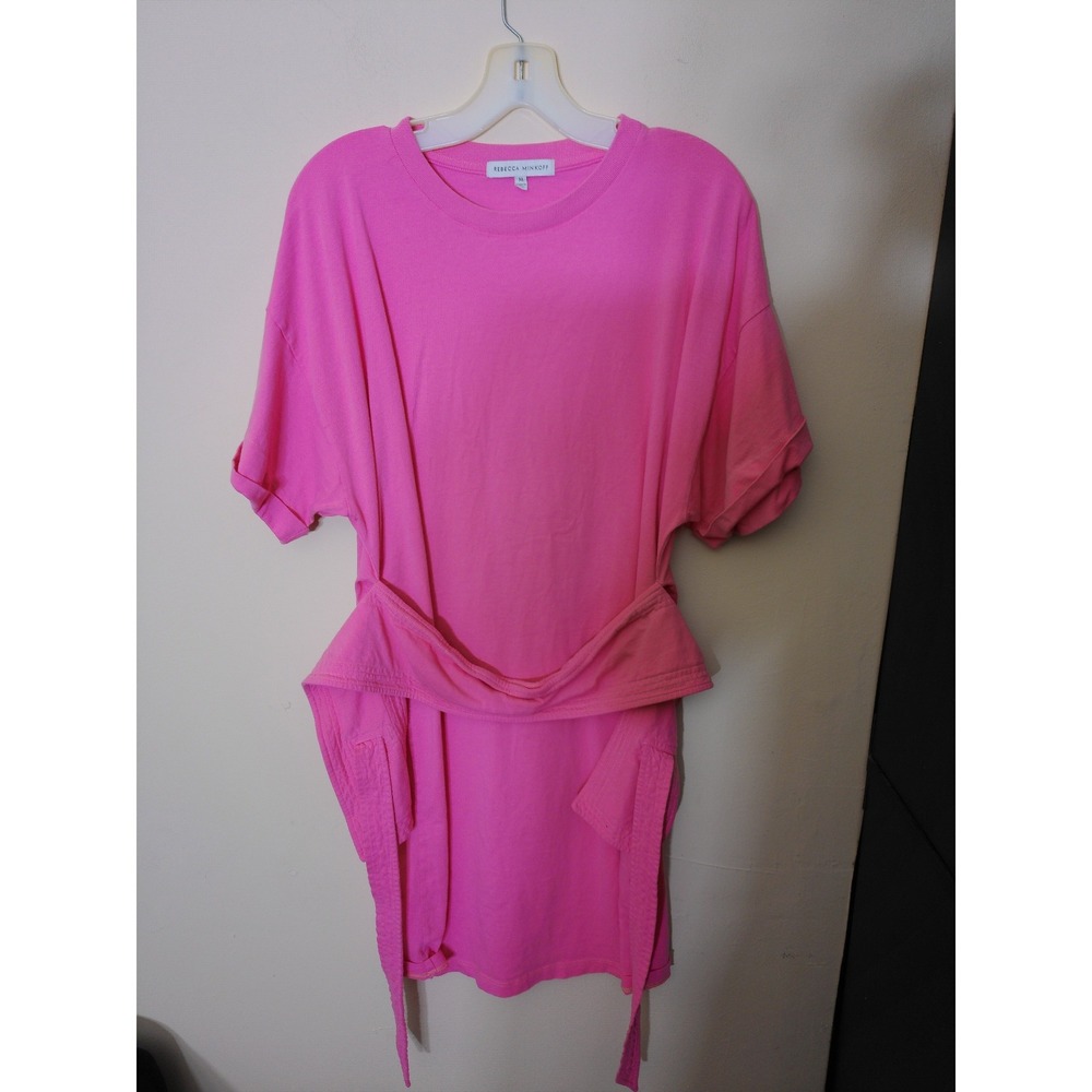 Rebecca Minkoff T-Shirt Dress Womens Medium Pink Tie Waist Short Sleeve Mini